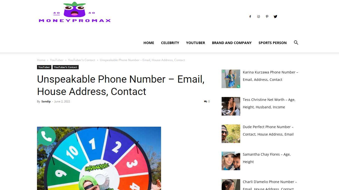 Unspeakable Phone Number – Email, House Address, Contact